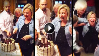 She Cuts Into The Cake And Nearly Falls On The Floor From THIS Surprise. WOW!